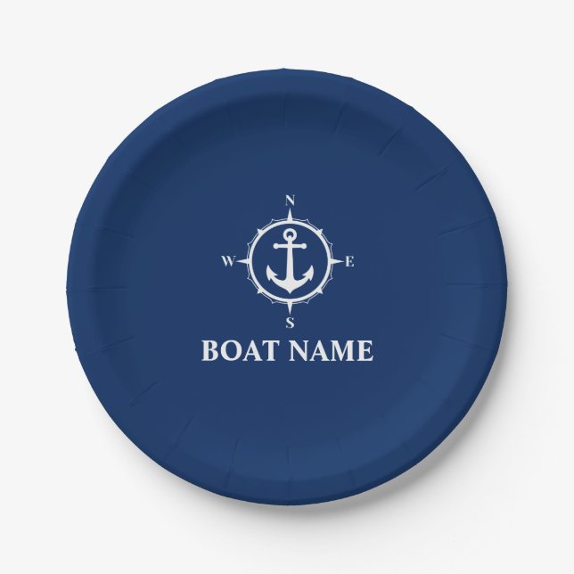 Your Boat Name Compass Anchor Navy Blue 7" Paper Plates (Front)