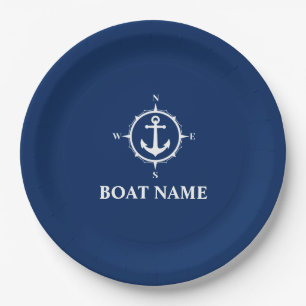 Your Boat Name Compass Anchor Navy Blue 9" Paper Plates