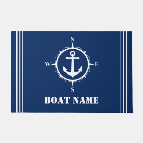 Your Boat Name Compass Anchor Navy Blue Entryway Doormat