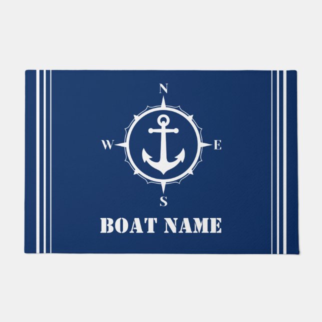 Your Boat Name Compass Anchor Navy Blue Entryway Doormat (Front)