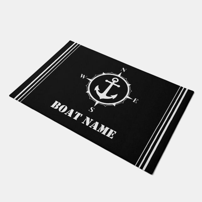 Your Boat Name Compass Anchor Stylish Black Doormat (Angled)