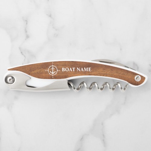 Your Boat Name Compass Anchor Wood Style Waiters Corkscrew