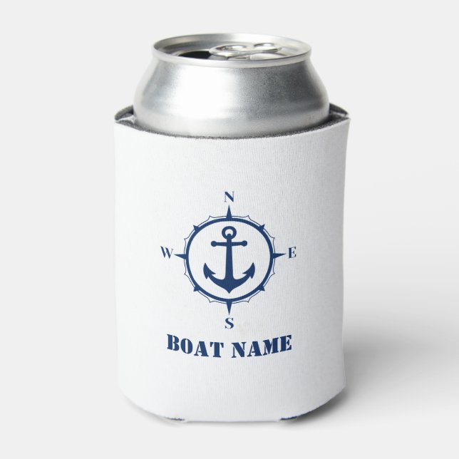 Your Boat Name Nautical Anchor Compass Navy white Can Cooler (Can Front)