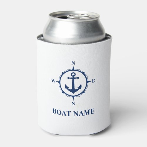 Your Boat Name Nautical Anchor Compass Navy white Can Cooler