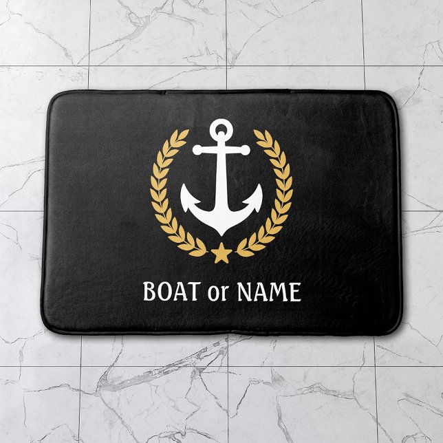 Your Boat Name Nautical Anchor Gold Laurel Black Bath Mat (Several sizes to choose from.)