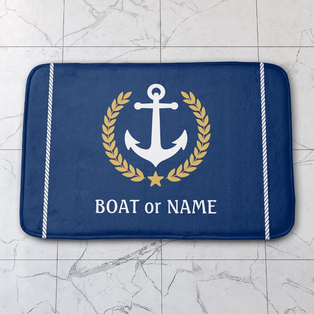 Your Boat Name Nautical Anchor Gold Laurel Navy Bath Mat (Several sizes to choose from.)