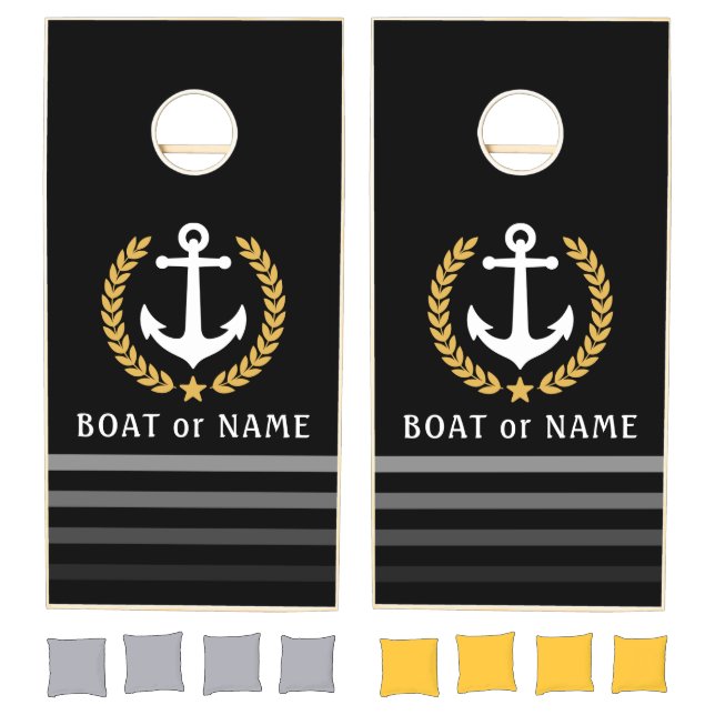 Your Boat Name Nautical Anchor Gold Style Laurel Cornhole Set (Set)