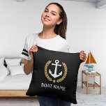 Your Boat Name Nautical Anchor Laurel Leaves Black Throw Pillow<br><div class="desc">Personalize your home with cushion pillows and your boat name,  family name or other desired text. Featuring a custom designed nautical boat anchor,  gold style laurel leaves and star emblem on black or easily adjust the primary color to match your current theme.</div>
