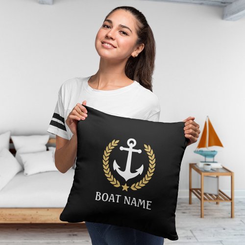 Your Boat Name Nautical Anchor Laurel Leaves Black Throw Pillow