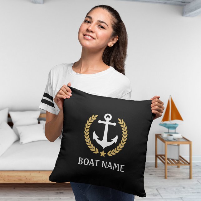 Your Boat Name Nautical Anchor Laurel Leaves Black Throw Pillow (Edit to change the primary color front and back as needed.)