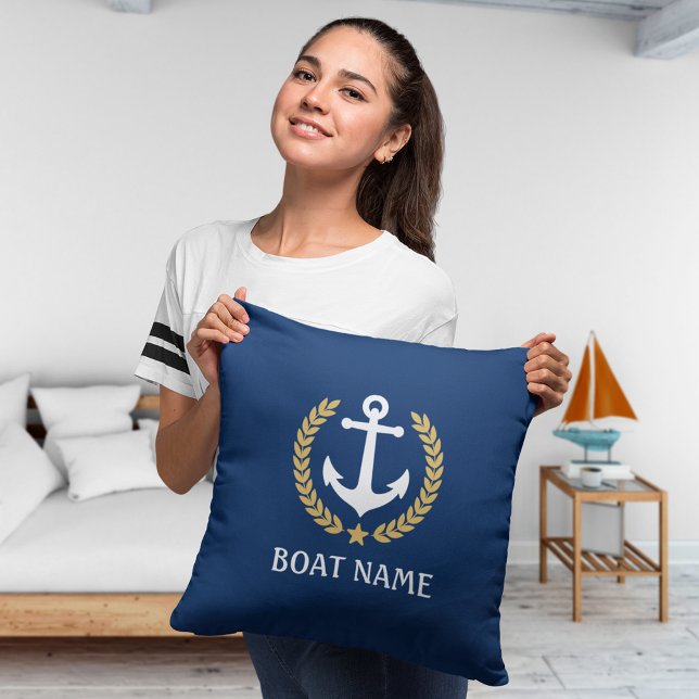 Your Boat Name Nautical Anchor Laurel Leaves Navy  Throw Pillow (Edit to change the primary color front and back as needed.)