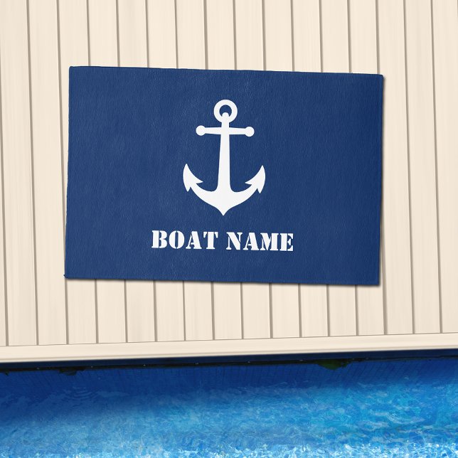 Your Boat Name Nautical Anchor Navy Blue Outdoor Rug (Several Sizes to choose from. Available for Indoor or outdoor.)
