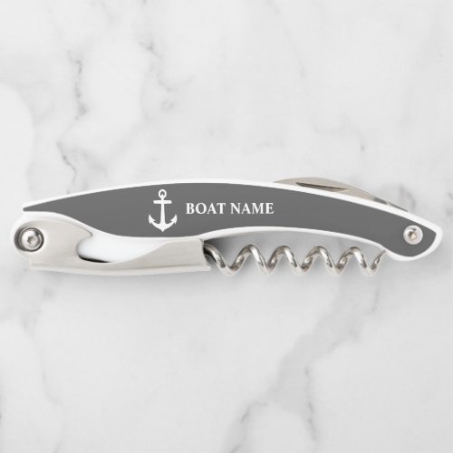 Your Boat Name Nautical Anchor Navy Gray Waiters Corkscrew