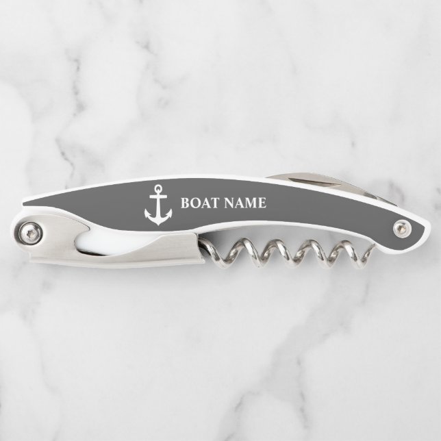 Your Boat Name Nautical Anchor Navy Gray Waiter's Corkscrew (Front)