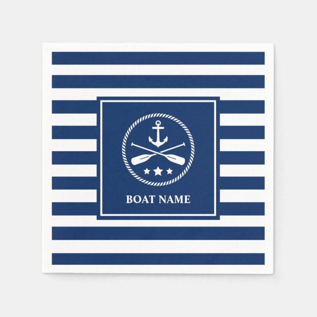 Your Boat Name Nautical Anchor & Oars Blue Striped Napkins (Front)