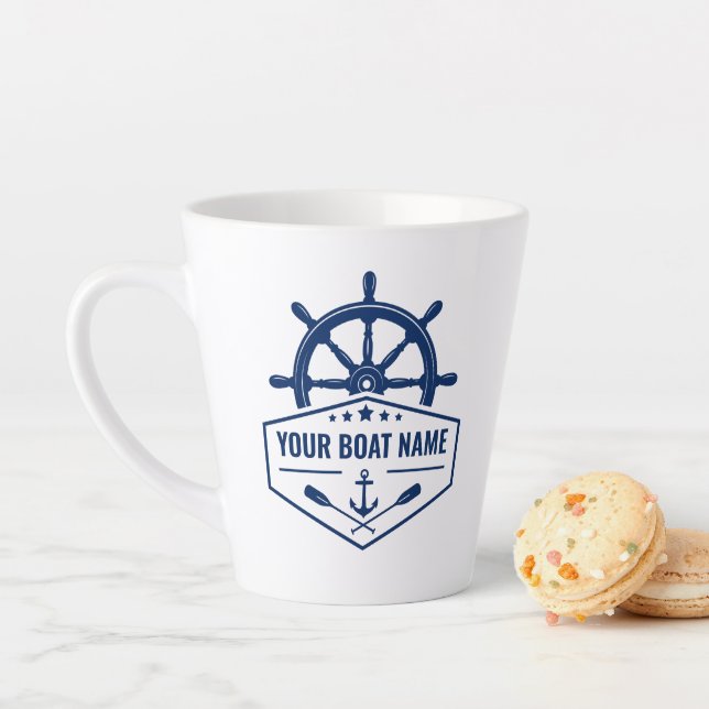 Your Boat Name Nautical Anchor Oars Helm 2 Sided Latte Mug (In Situ)
