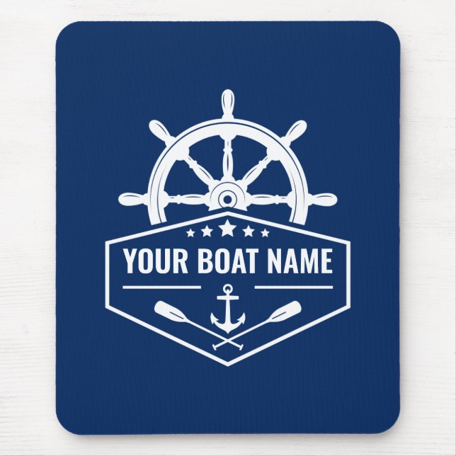 Your Boat Name Nautical Anchor Oars Helm Navy Mouse Pad (Front)