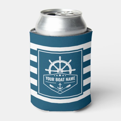Your Boat Name Nautical Anchor Oars Helm Striped Can Cooler