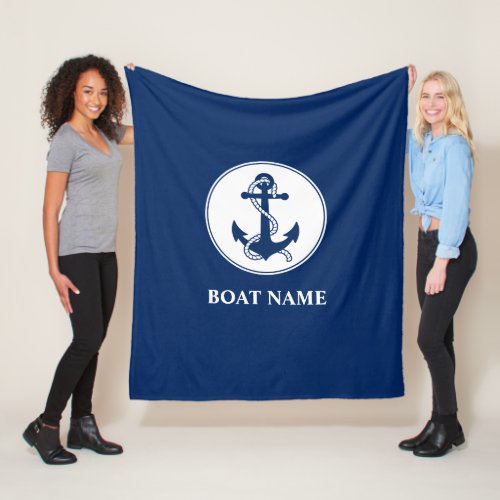 Your Boat Name Nautical Anchor Rope Navy Blue Fleece Blanket