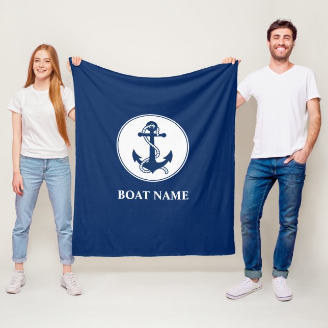 Your Boat Name Nautical Anchor Rope Navy Blue Fleece Blanket (In Situ)