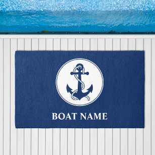 Your Boat Name Nautical Anchor Rope Navy Blue Outdoor Rug