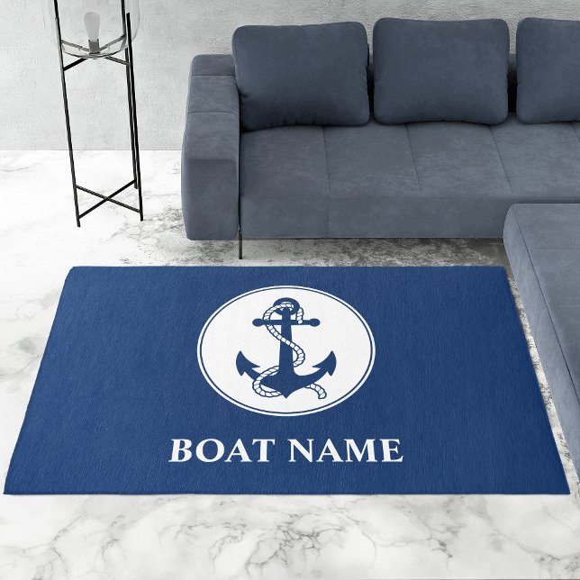 Your Boat Name Nautical Anchor Rope Navy Blue Rug (Several Sizes to choose from. Available for Indoor or outdoor.)