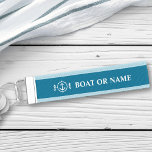 Your Boat Name Nautical Anchor Seahorse Aqua Blue Wrist Keychain<br><div class="desc">A stylish nautical themed wrist keychain with your personalized boat name,  family name or other desired text. Featuring a custom anchor and seahorse design in white on an aqua blue background and complimenting light blue trim or easily customize the colors to match your current decor. Makes a great gift.</div>