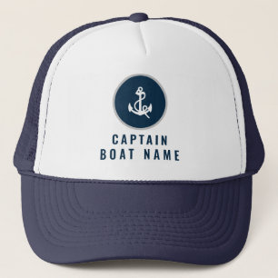 Your Boat Name Nautical Blue white Anchor Captain Trucker Hat