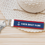 Your Boat Name Nautical Classic Anchor Navy Blue Wrist Keychain<br><div class="desc">A stylish nautical themed wrist keychain with your personalized boat name,  family name or other desired text. Featuring a custom designed classic boat anchor in white on navy blue with red trim or easily customize the colors to match your current decor.</div>