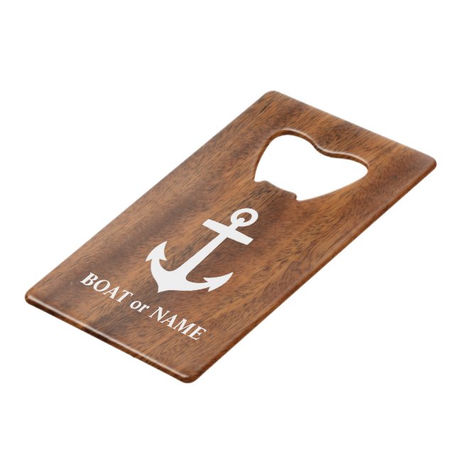 Your Boat Name Nautical Classic Anchor Wood Style  Credit Card Bottle Opener (Front Angled)