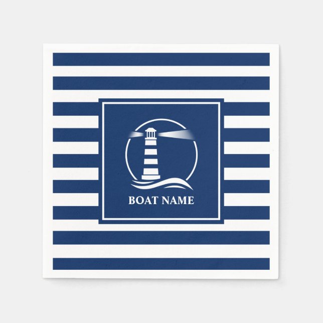 Your Boat Name Nautical Classic Lighthouse Striped Napkins (Front)