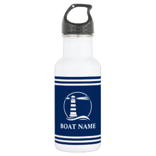 Your Boat Name Nautical Lighthouse Striped Stainless Steel Water Bottle
