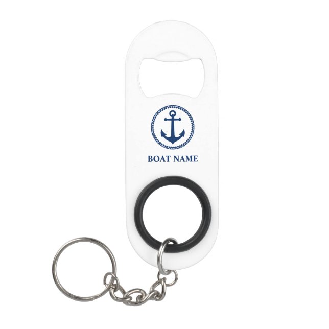 Your Boat Name Nautical Sea Anchor Blue white Keychain Bottle Opener (Front)