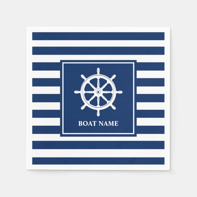 Your Boat Name Nautical Ships Wheel Helm Striped Napkins (Front)