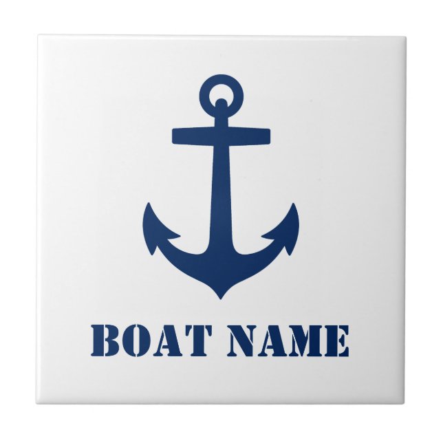 Your Boat Name or Family Name Anchor Navy Blue Ceramic Tile (Front)