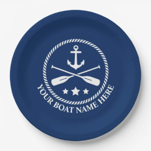 Your Boat Name or Text Anchor & Oars Navy Blue Paper Plates
