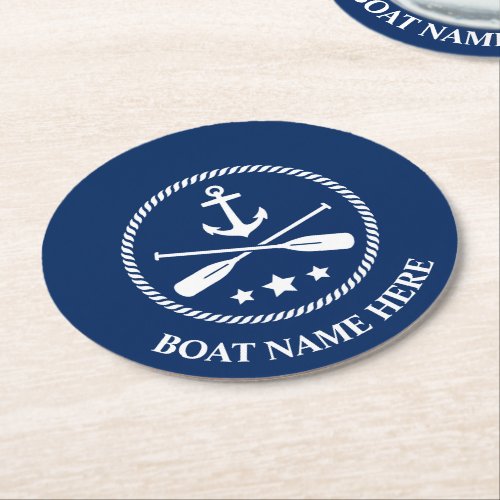 Your Boat Name or Text Anchor Oars Navy Blue Round Paper Coaster