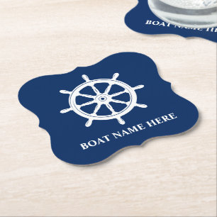 Your Boat Name or Text Ships Wheel Helm Blue Paper Coaster