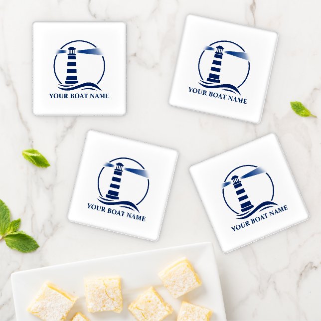 Your Boat Name or Text with a Classic Lighthouse Coaster Set (In Situ)