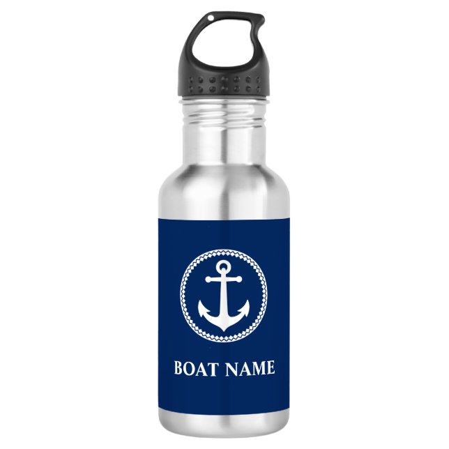 Your Boat Name Sea Anchor Blue Stainless Steel Water Bottle (Front)