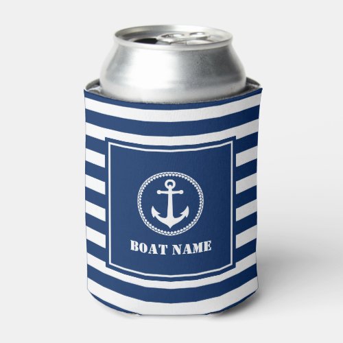 Your Boat Name Sea Anchor Blue Striped Can Cooler