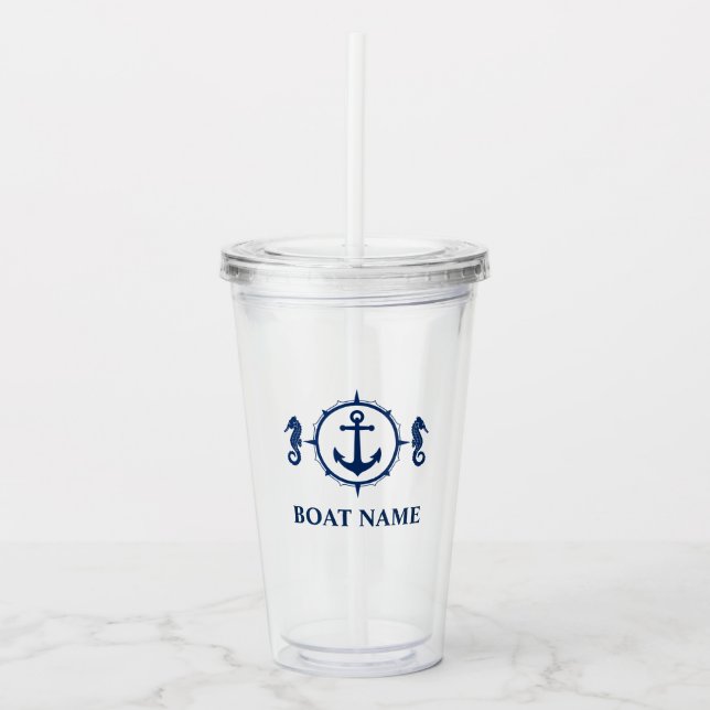 Your Boat Name Seahorse Anchor Acrylic Tumbler (Front)