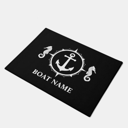 Your Boat Name Seahorse Anchor Black Doormat