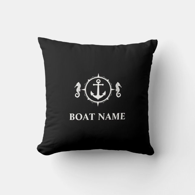 Your Boat Name Seahorse Anchor Black sh0a Throw Pillow (Front)