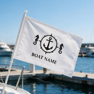 Your Boat Name Seahorse Anchor Black White Flag