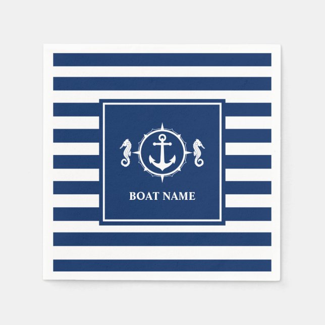 Your Boat Name Seahorse Anchor Blue Stripes Napkins (Front)