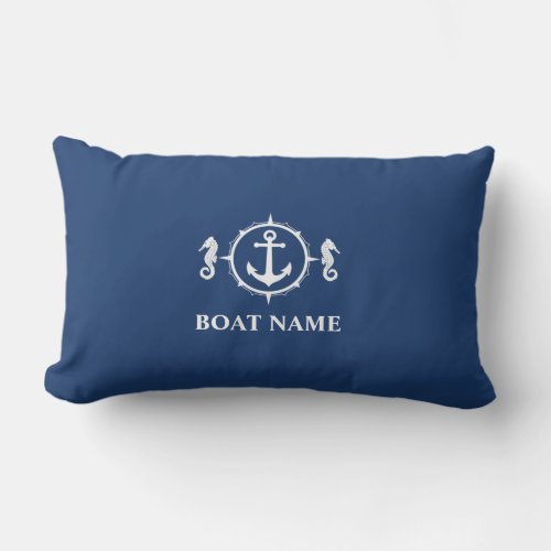 Your Boat Name Seahorse Anchor Navy Blue White Lumbar Pillow
