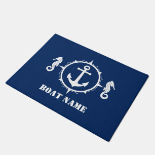 Your Boat Name Seahorse Nautical Anchor Navy Blue Doormat