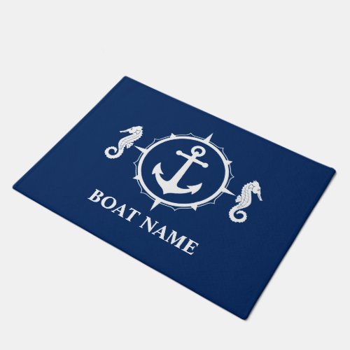 Your Boat Name Seahorse Nautical Anchor Navy Blue Doormat