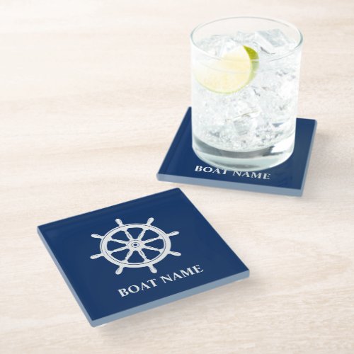 Your Boat Name  Ships Wheel Helm Glass Coaster